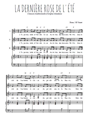 Téléchargez l'arrangement de la partition de La dernière rose de l'été en PDF pour trois voix de femmes et piano