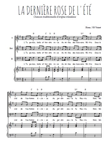 Téléchargez l'arrangement de la partition de La dernière rose de l'été en PDF pour trois voix d'hommes et piano