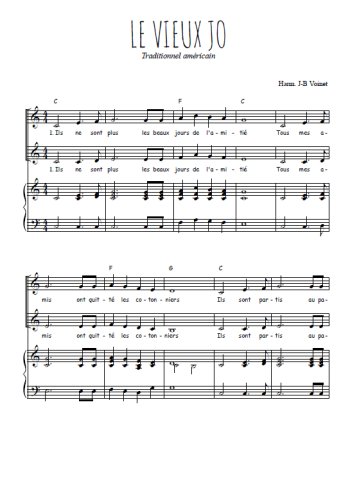Téléchargez l'arrangement de la partition de Le vieux Jo en PDF pour deux voix égales et piano