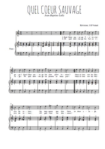 Téléchargez l'arrangement de la partition de jean-baptiste-lully-quel-coeur-sauvage en PDF pour Chant et piano