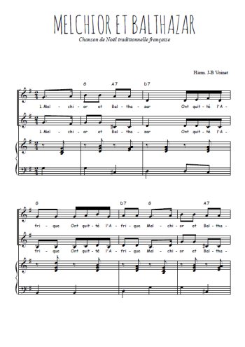 Téléchargez l'arrangement de la partition de Melchior et Balthazar en PDF pour deux voix égales et piano
