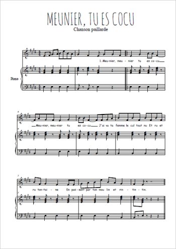Téléchargez l'arrangement de la partition de chanson-paillarde-meunier-tu-es-cocu en PDF pour Chant et piano