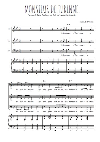Téléchargez l'arrangement de la partition de Monsieur de Turenne en PDF pour trois voix mixtes et piano