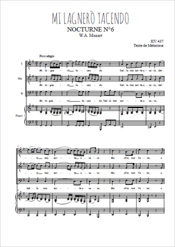 Téléchargez l'arrangement de la partition de Nocturne N°6, Mi lagnerò tacendo en PDF pour trois voix d'hommes et piano