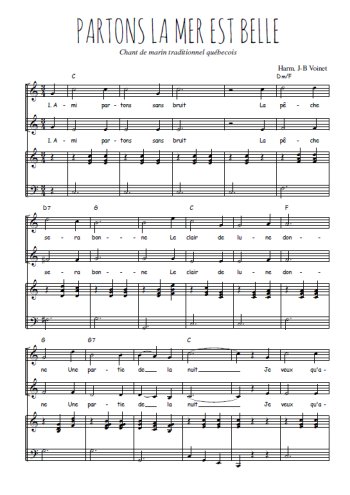 Téléchargez l'arrangement de la partition de Partons la mer est belle en PDF pour deux voix égales et piano