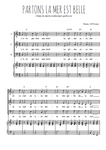 Téléchargez l'arrangement de la partition de Partons la mer est belle en PDF pour trois voix mixtes et piano