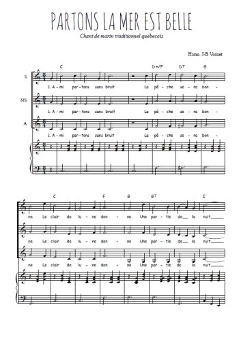 Téléchargez l'arrangement de la partition de Partons la mer est belle en PDF pour trois voix de femmes et piano