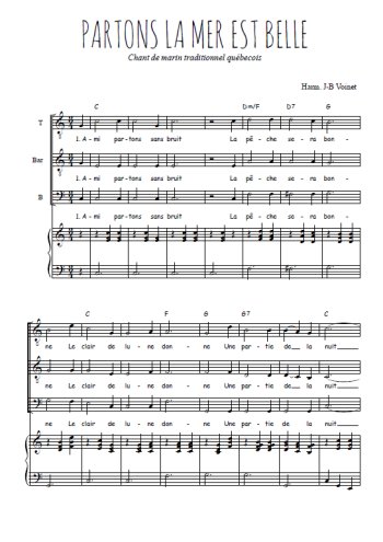 Téléchargez l'arrangement de la partition de Partons la mer est belle en PDF pour trois voix d'hommes et piano