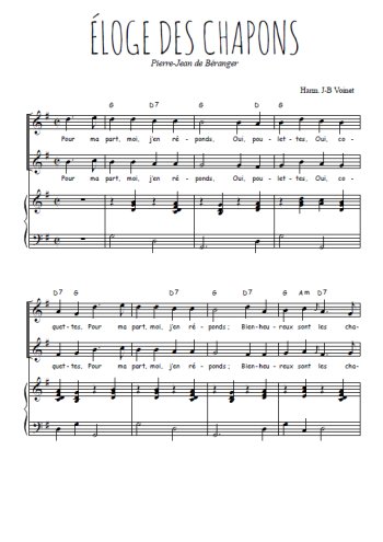 Téléchargez l'arrangement de la partition de Eloge des chapons en PDF pour deux voix égales et piano