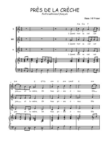 Téléchargez l'arrangement de la partition de Près de la crèche en PDF pour trois voix de femmes et piano