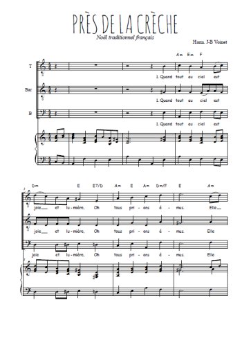 Téléchargez l'arrangement de la partition de Près de la crèche en PDF pour trois voix d'hommes et piano