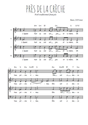 Téléchargez l'arrangement de la partition de Près de la crèche en PDF à quatre voix SATB