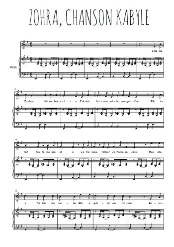 Téléchargez l'arrangement de la partition de chanson-kabyle-zohra en PDF pour Chant et piano
