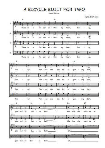 Téléchargez l'arrangement de la partition de A bicycle built for two en PDF à quatre voix SATB