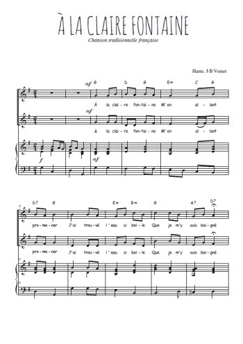 Téléchargez l'arrangement de la partition de A la Claire Fontaine en PDF pour deux voix égales et piano