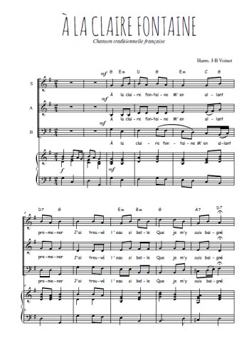 Téléchargez l'arrangement de la partition de A la Claire Fontaine en PDF pour trois voix mixtes et piano