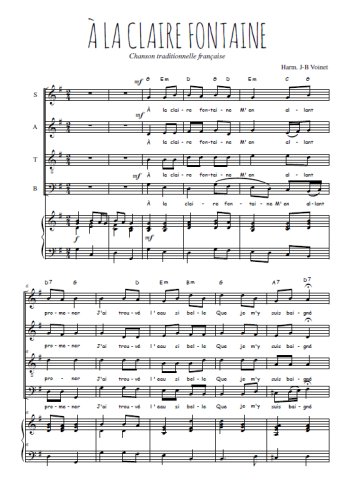 Téléchargez l'arrangement de la partition de A la Claire Fontaine en PDF pour 4 voix mixtes et piano