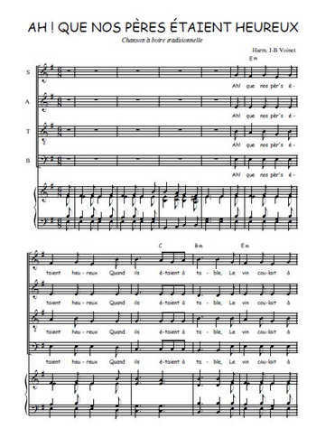 Téléchargez l'arrangement de la partition de Ah ! Que nos pères étaient heureux ! en PDF pour 4 voix mixtes et piano