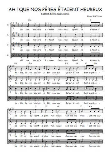 Téléchargez l'arrangement de la partition de Ah ! Que nos pères étaient heureux ! en PDF à quatre voix SATB