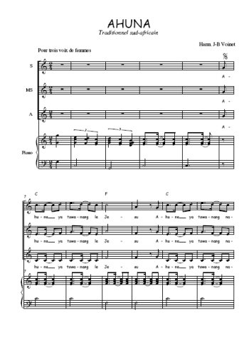 Téléchargez l'arrangement de la partition de Ahuna en PDF pour trois voix de femmes et piano