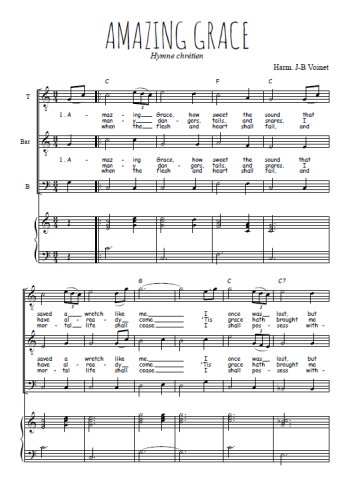 Téléchargez l'arrangement de la partition de Amazing grace en PDF pour trois voix d'hommes et piano