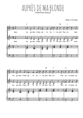 Téléchargez l'arrangement de la partition de Auprès de ma blonde en PDF pour deux voix égales et piano