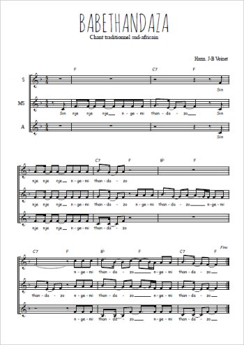 Téléchargez l'arrangement de la partition de Babethandaza, chanson sud-africaine en PDF à trois voix