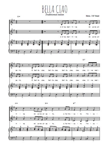 Téléchargez l'arrangement de la partition de Bella ciao en PDF pour deux voix égales et piano