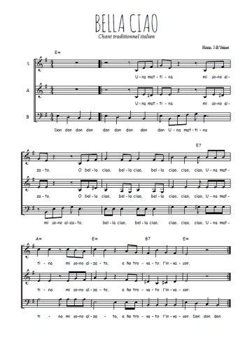 Téléchargez l'arrangement de la partition de Bella ciao en PDF pour trois voix mixtes et piano