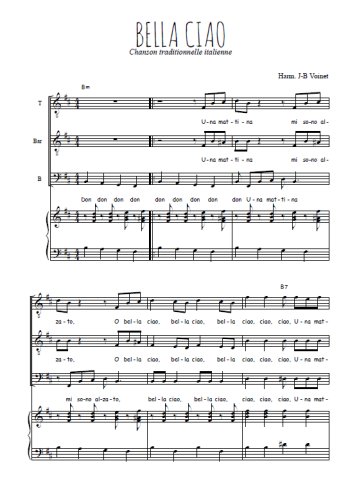 Téléchargez l'arrangement de la partition de Bella ciao en PDF pour trois voix d'hommes et piano