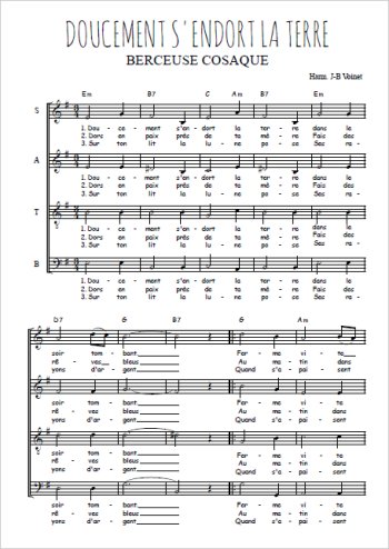 Téléchargez l'arrangement de la partition de Doucement s'endort la terre - Berceuse cosaque en PDF à quatre voix SATB