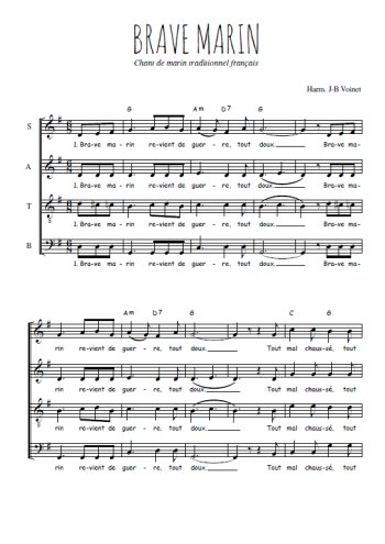 Téléchargez l'arrangement de la partition de Brave marin en PDF à quatre voix SATB