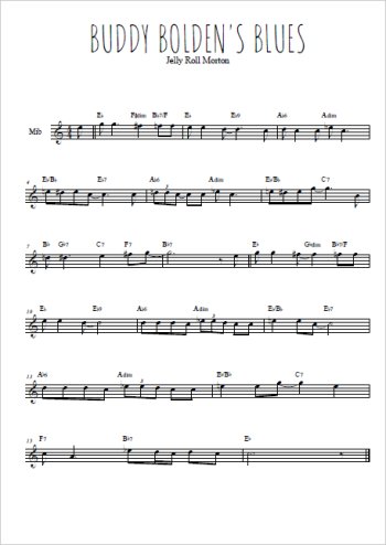 Téléchargez l'arrangement de la partition pour sax en Mib de la musique Buddy Bolden blues en PDF