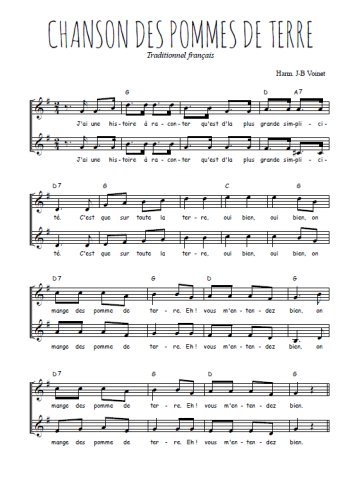Téléchargez l'arrangement de la partition de Chanson des pommes de terre en PDF à deux voix