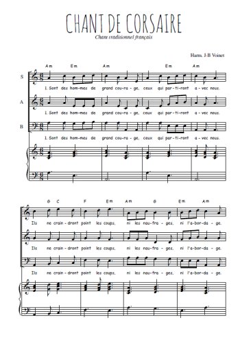 Téléchargez l'arrangement de la partition de Chant de corsaires en PDF pour trois voix mixtes et piano