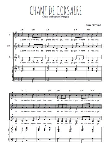Téléchargez l'arrangement de la partition de Chant de corsaires en PDF pour trois voix de femmes et piano