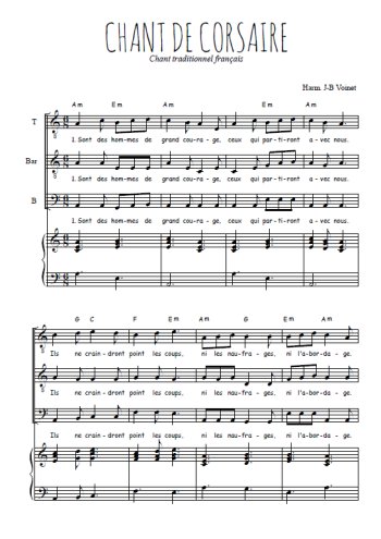 Téléchargez l'arrangement de la partition de Chant de corsaires en PDF pour trois voix d'hommes et piano
