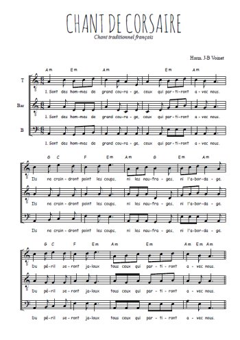 Téléchargez l'arrangement de la partition de Chant de corsaires en PDF à trois voix