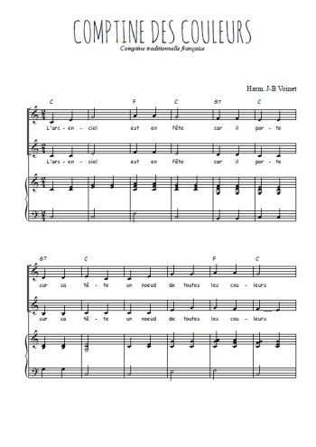 Téléchargez l'arrangement de la partition de Comptine des couleurs en PDF pour deux voix égales et piano