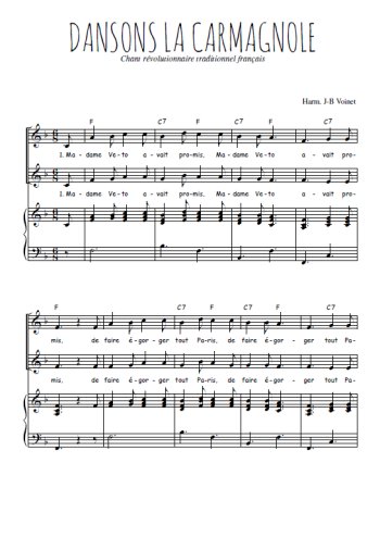 Téléchargez l'arrangement de la partition de Dansons la carmagnole en PDF pour deux voix égales et piano