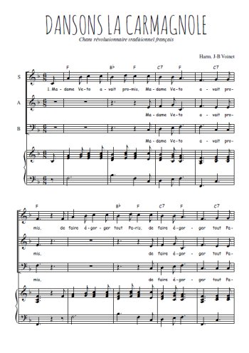 Téléchargez l'arrangement de la partition de Dansons la carmagnole en PDF pour trois voix mixtes et piano