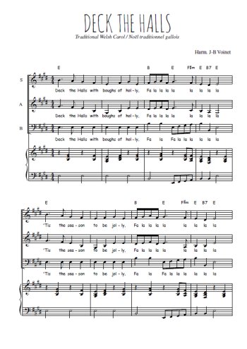 Téléchargez l'arrangement de la partition de Deck the halls en PDF pour trois voix mixtes et piano