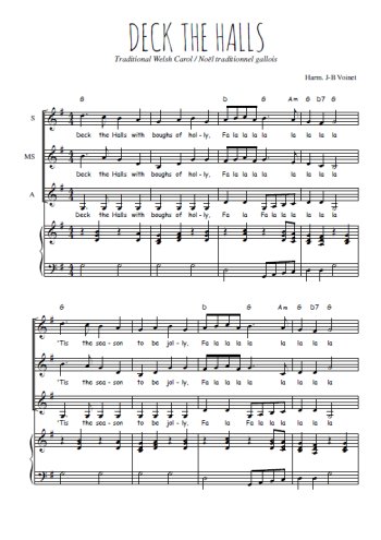 Téléchargez l'arrangement de la partition de Deck the halls en PDF pour trois voix de femmes et piano