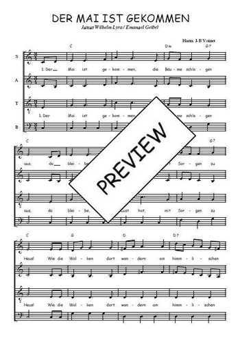 Téléchargez l'arrangement de la partition de Der Mai ist gekommen en PDF à quatre voix SATB