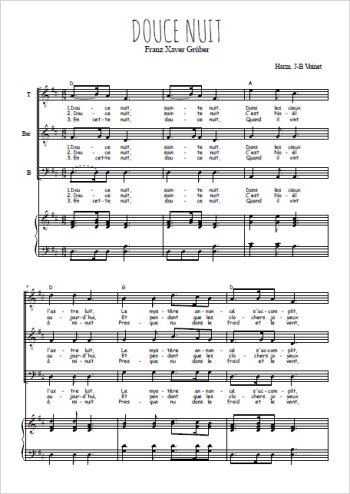 Téléchargez l'arrangement de la partition de Douce nuit en PDF pour trois voix d'hommes et piano
