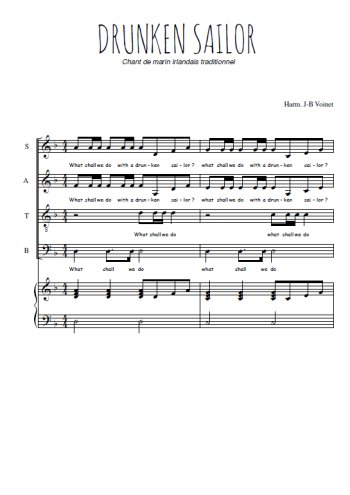 Téléchargez l'arrangement de la partition de Drunken sailor en PDF pour 4 voix mixtes et piano