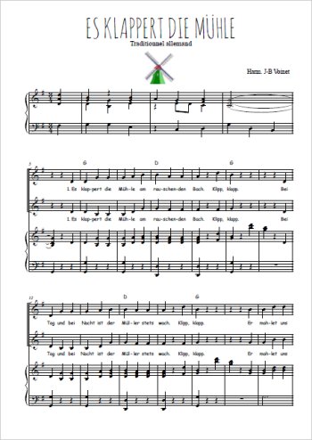 Téléchargez l'arrangement de la partition de Es klappert die Mühle en PDF pour deux voix égales et piano