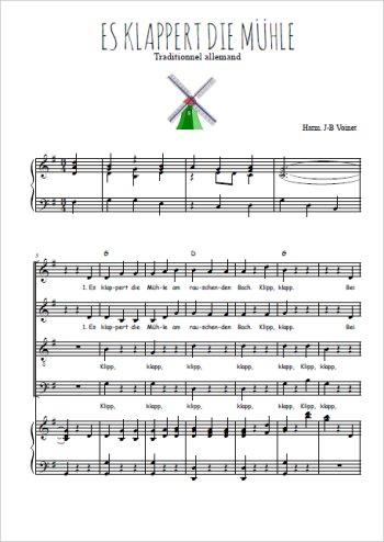 Téléchargez l'arrangement de la partition de Es klappert die Mühle en PDF pour 4 voix mixtes et piano