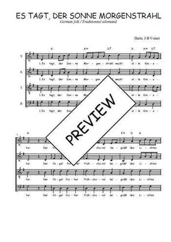 Téléchargez l'arrangement de la partition de Es tagt der Sonne Morgenstrahl en PDF à quatre voix SATB