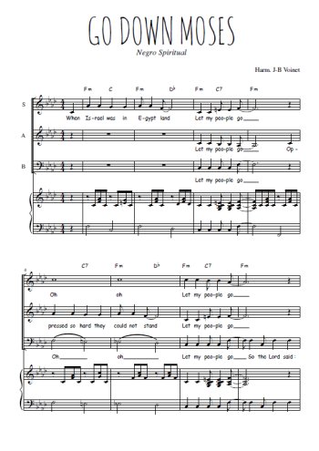 Téléchargez l'arrangement de la partition de Go down Moses en PDF pour trois voix mixtes et piano